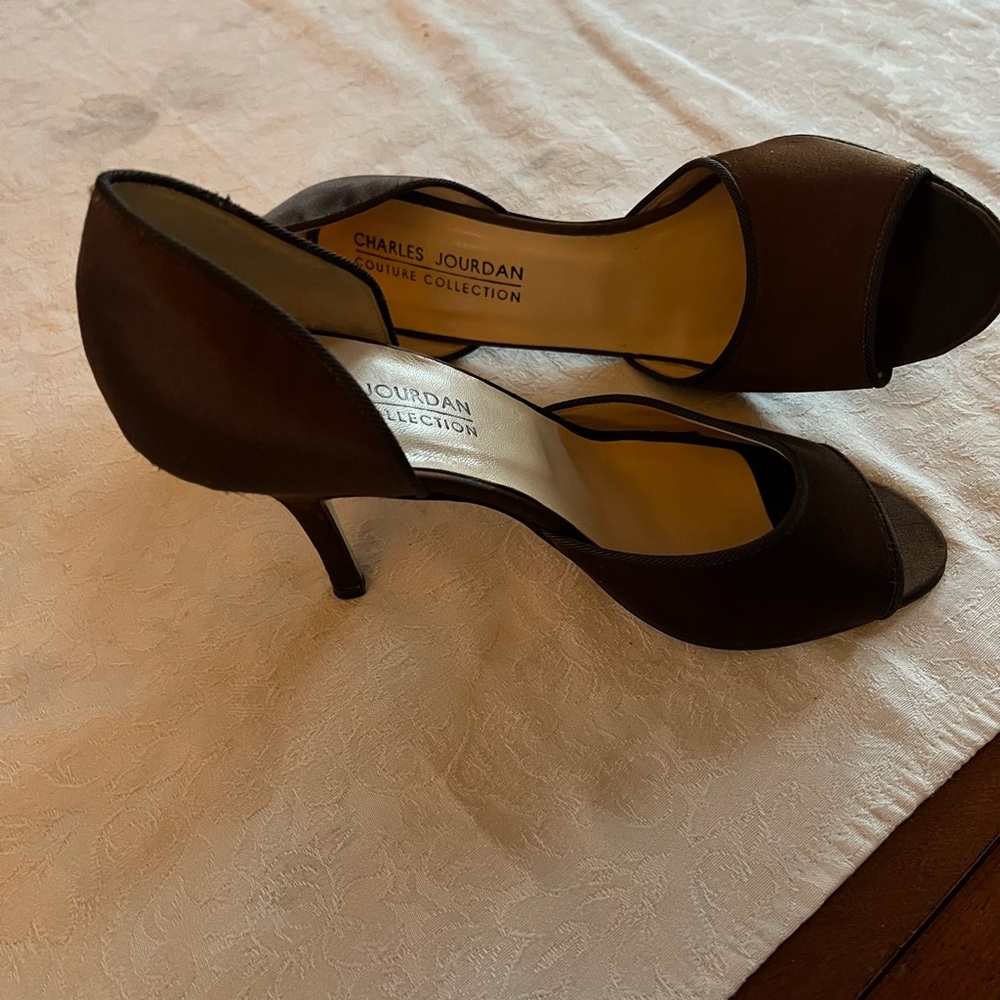 Charles Jourdan Couture Brown Satin and leather Peep Toe and Cut-Out Design heel